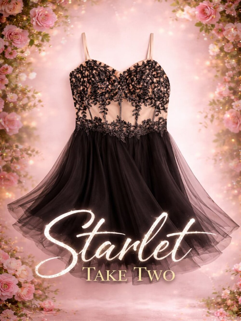 Black Cocktail Nude Illusion Bodice Floral Embroidery with Black Tulle Skirt